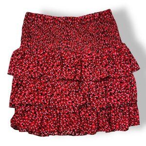 NWT Michael Kors Tiered Ruffle Mini Skirt Red Pink Black Sz XS Elastic Waist